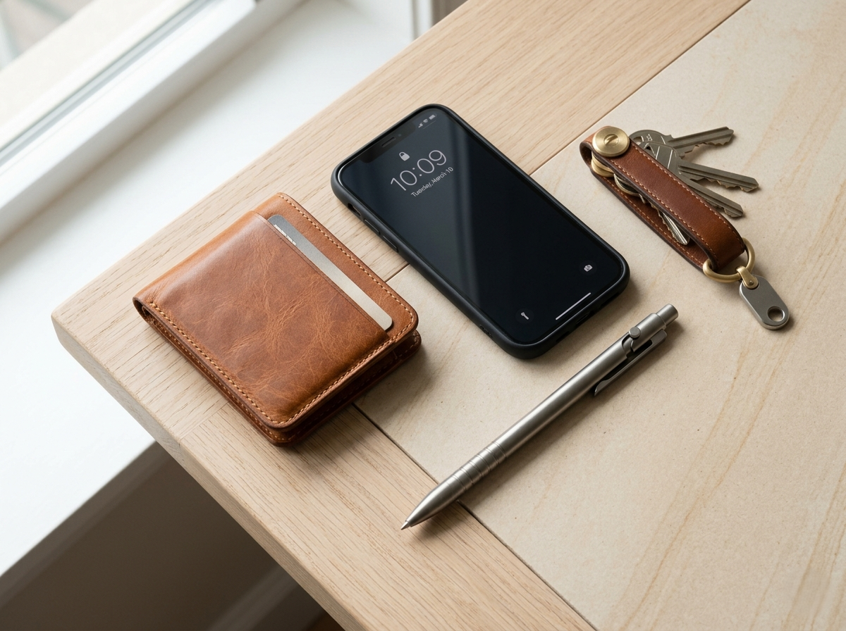 Everyday carry items including wallet keys and small tech