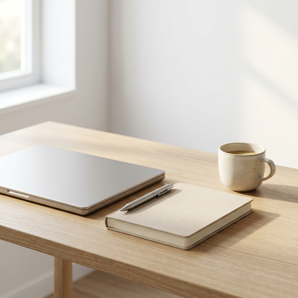 Modern workspace with laptop and notebook - Vendiago Modern Essentials